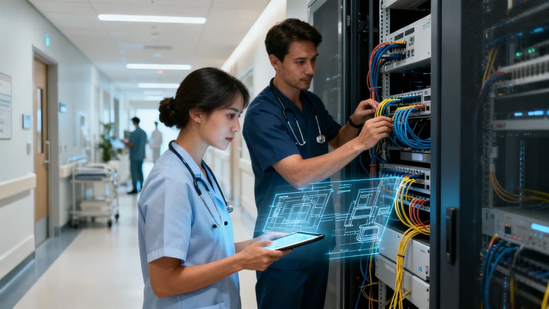 Due professionisti medici in camice che gestiscono l'attrezzatura del server ospedaliero con un'interfaccia tablet digitale in un corridoio moderno.