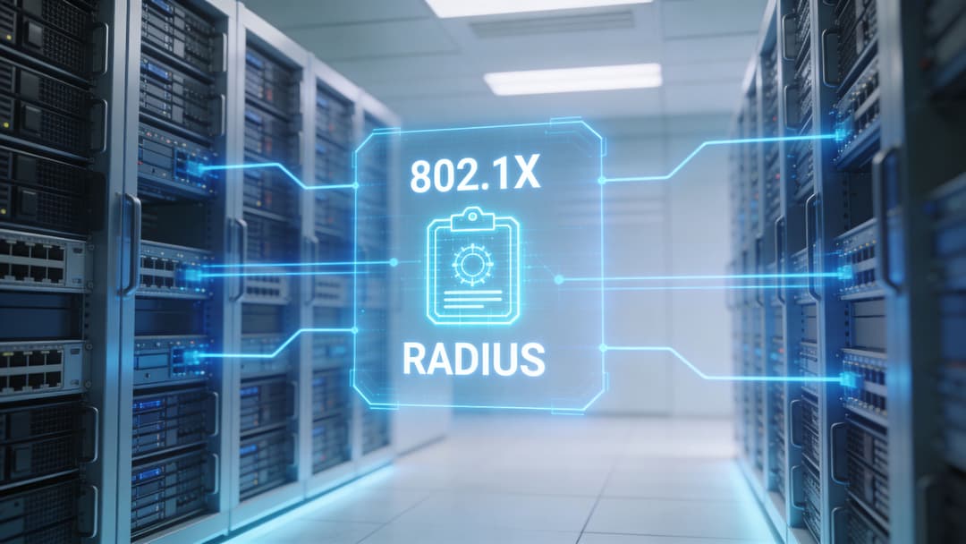 Ein digitales Overlay, das die 802.1X RADIUS-Authentifizierung in einer modernen, beleuchteten Serverraum-Rechenzentrumsumgebung darstellt.