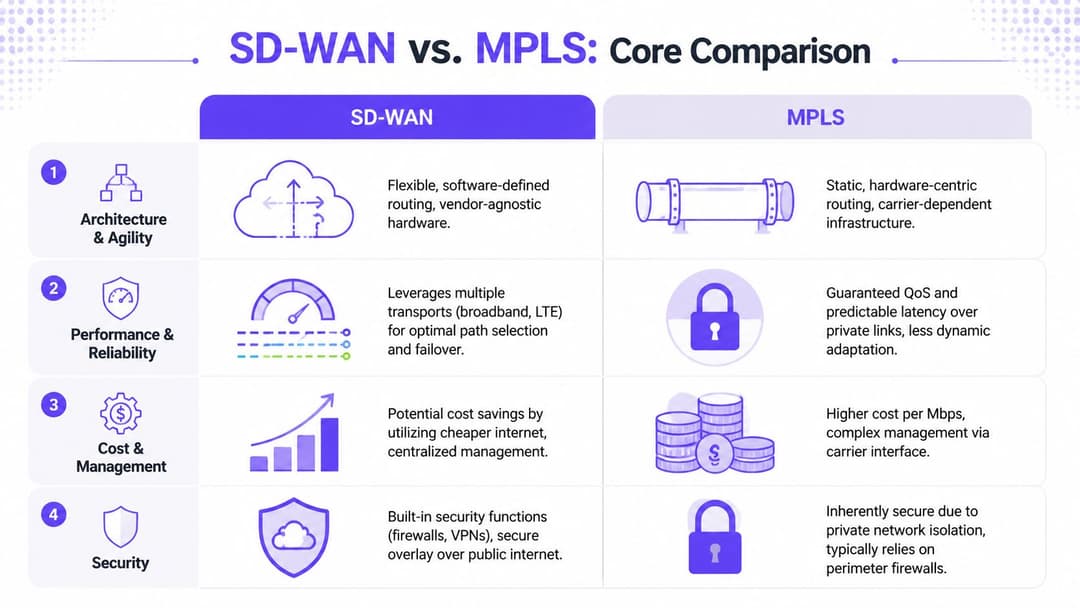 A comparison chart outlining the key differences between SD-WAN and MPLS network technologies regarding architecture, performance, cost, and security.