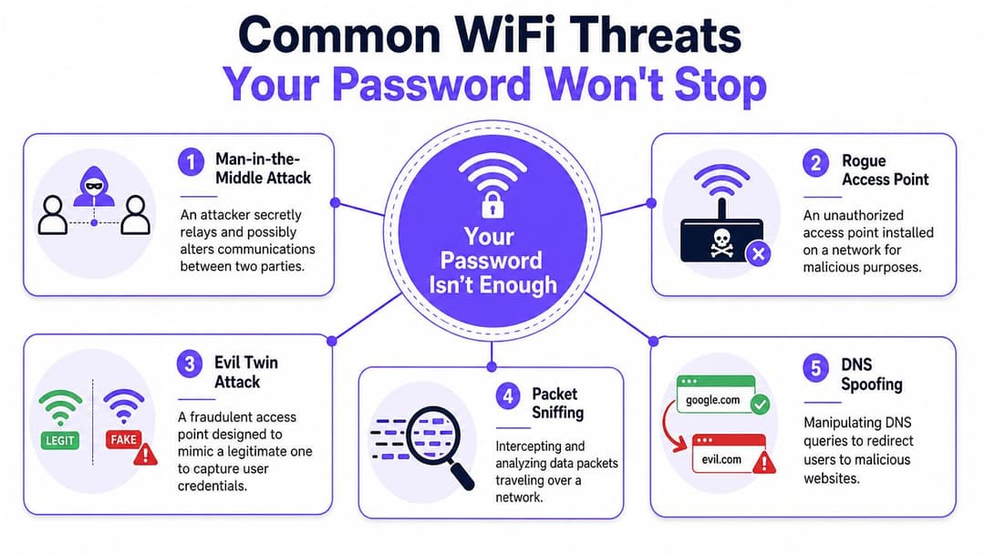 一张名为“常见 WiFi 威胁”的信息图,解释了密码本身无法防止的五种安全风险。