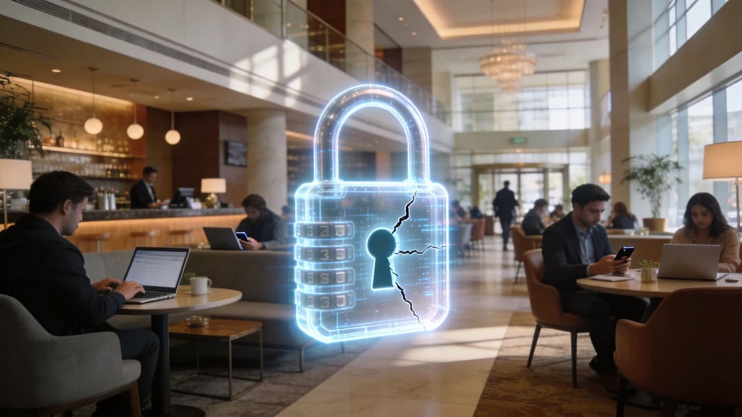 A digital hologram of a cracked padlock floating in a busy modern hotel lobby or cafe.