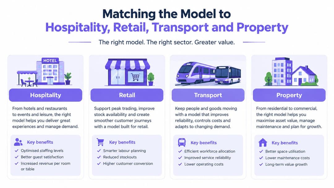A diagram illustrating the benefits of specialized business models for hospitality, retail, transport, and property sectors.