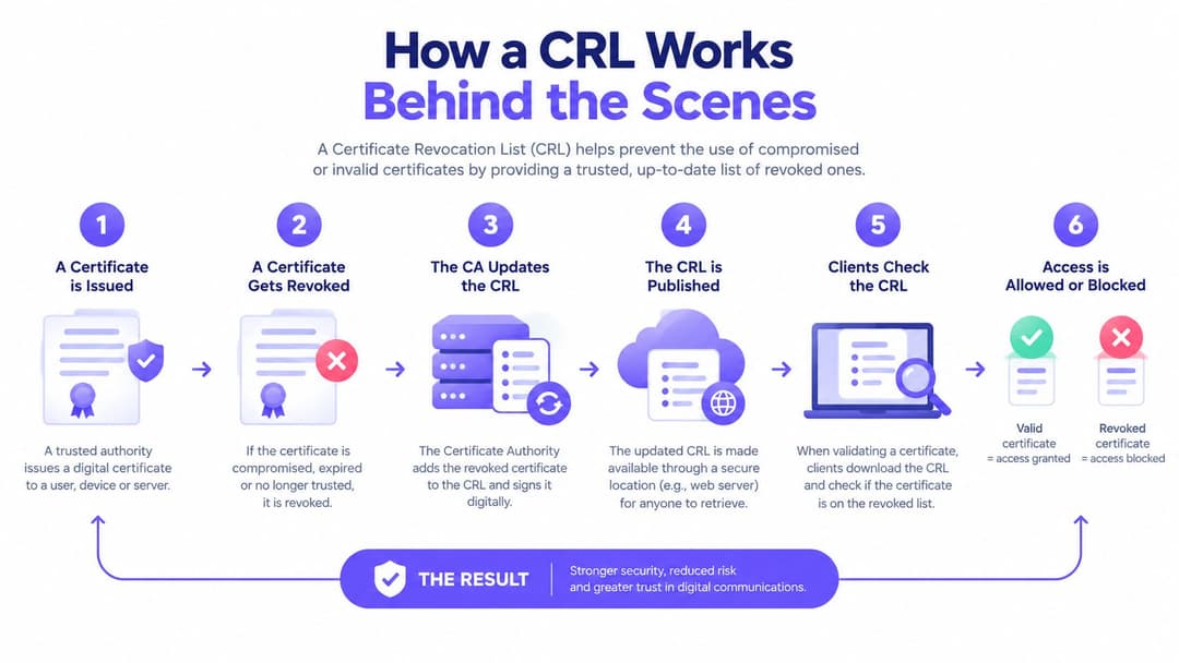 A six-step infographic explaining the process of how a Certificate Revocation List works to verify digital security certificates.