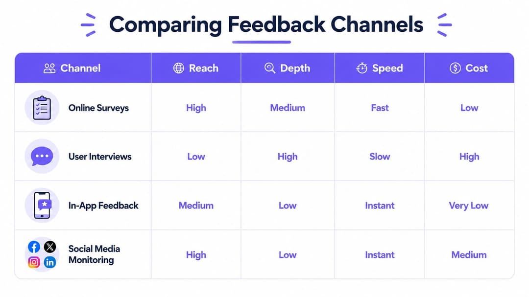 Una tabla comparativa que detalla el alcance, la profundidad, la velocidad y el costo de cuatro canales diferentes de recopilación de comentarios de los clientes.