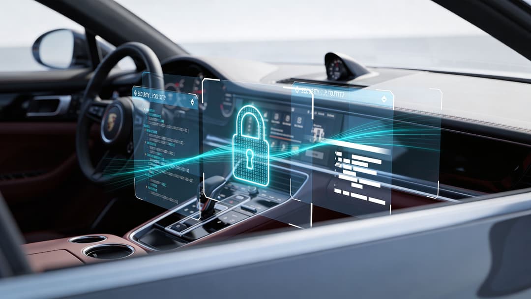 A digital graphic overlay of a padlock and computer code protecting the modern dashboard of a luxury vehicle.