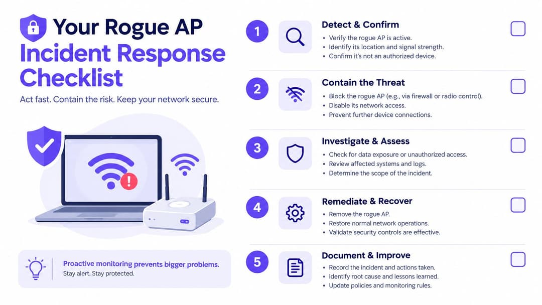 A checklist infographic outlining five essential steps for responding to and mitigating a rogue wireless access point.