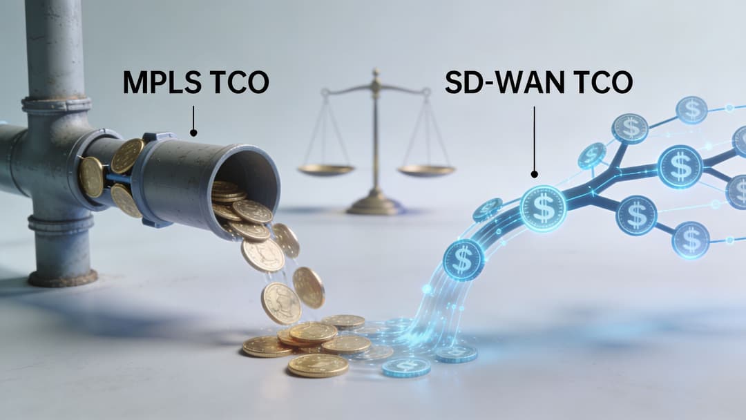 A conceptual comparison showing MPLS costs flowing from a pipe versus efficient SD-WAN digital money distribution.