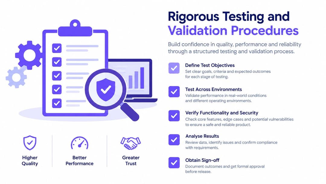 A professional infographic outlining a structured testing and validation process for building software product quality.
