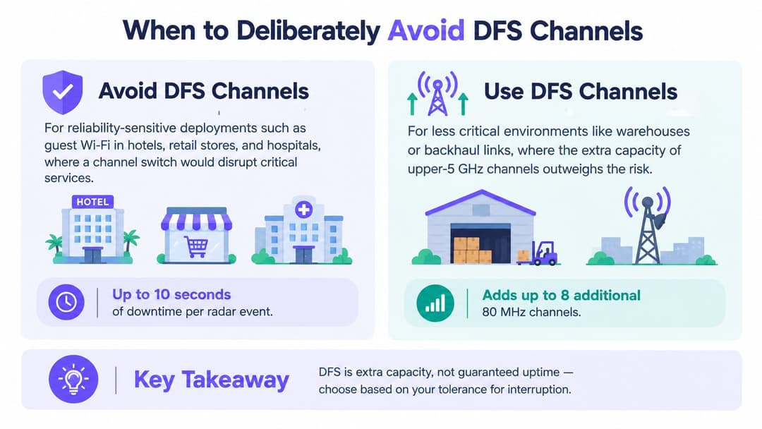 An infographic showing when to avoid or use DFS channels in WiFi deployments based on reliability needs.