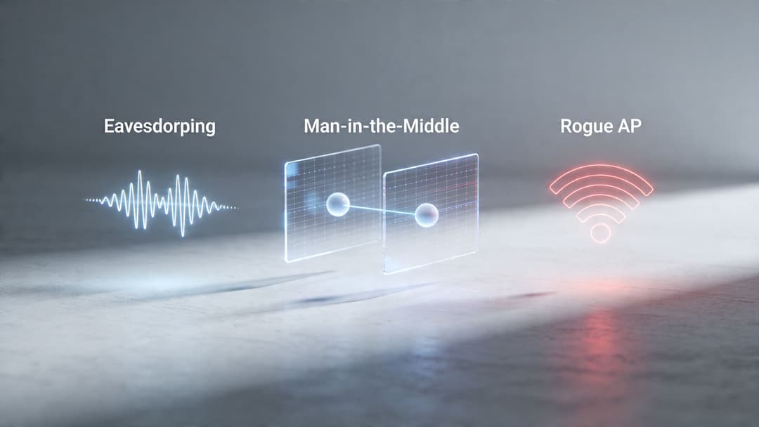 Un grafico concettuale che illustra i rischi per la sicurezza della connessione wireless, tra cui intercettazioni, attacchi man-in-the-middle e punti di accesso non autorizzati.