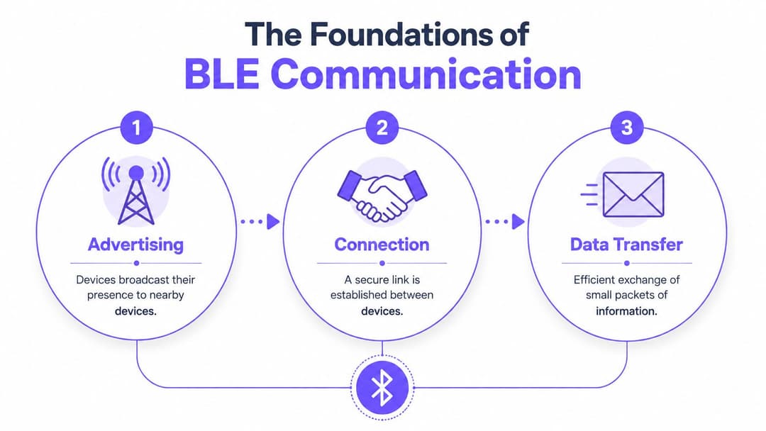 Un diagramma che illustra le tre fasi fondamentali della comunicazione BLE: trasmissione, scansione e trasferimento dati tra dispositivi.