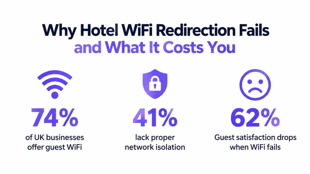 Un'infografica che mostra le statistiche sul reindirizzamento del WiFi degli hotel, i rischi per la sicurezza e l'impatto negativo sulla soddisfazione degli ospiti.