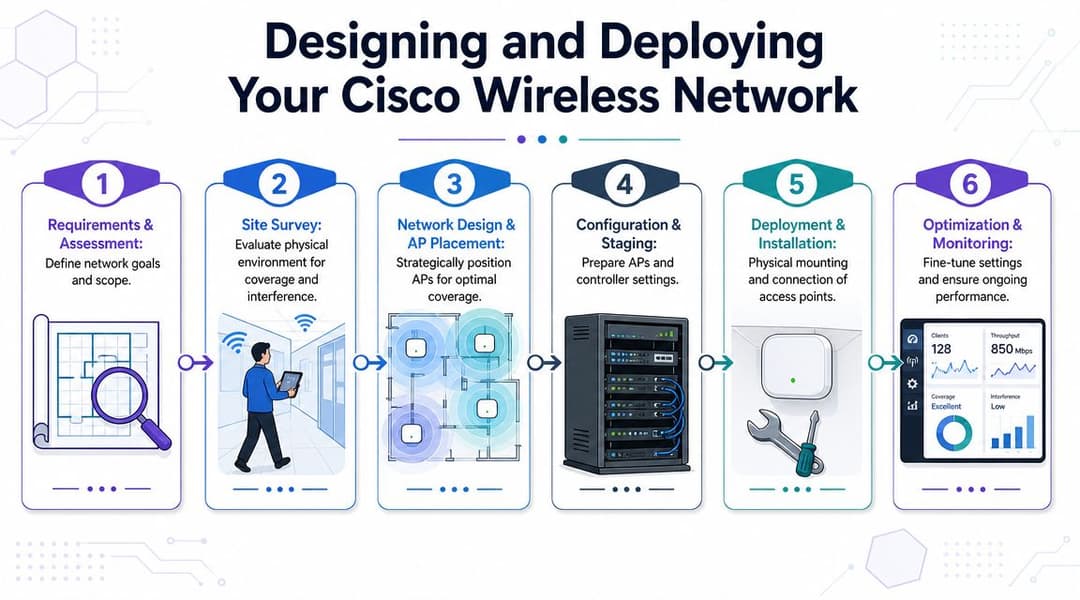 Una infografía que muestra el proceso de seis pasos para diseñar y desplegar un sistema de red inalámbrica de Cisco.