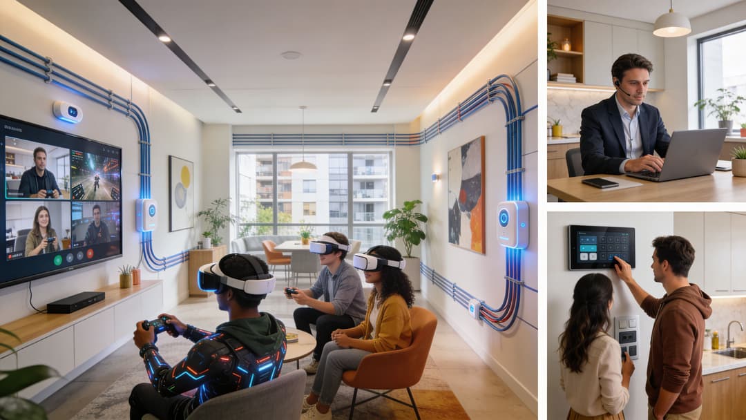 Ein zusammengesetztes Bild, das drei Innenraumszenen zeigt, die moderne Anwendungen der Fiber to the Home Technologie für das Smart Home demonstrieren.