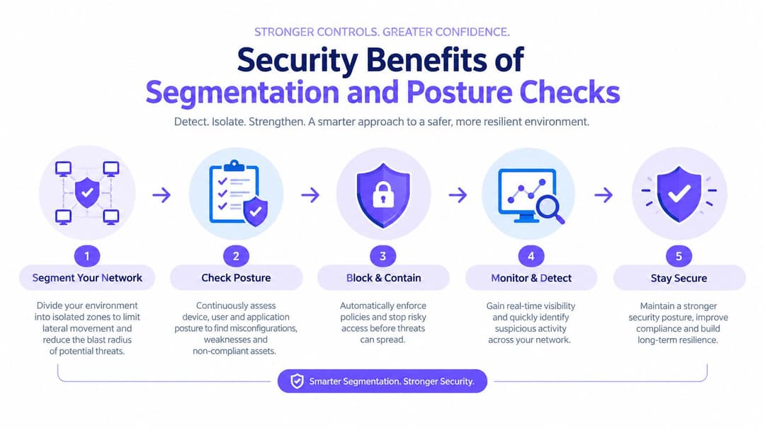 A diagram outlining the five-step process for implementing security benefits through network segmentation and posture checks.