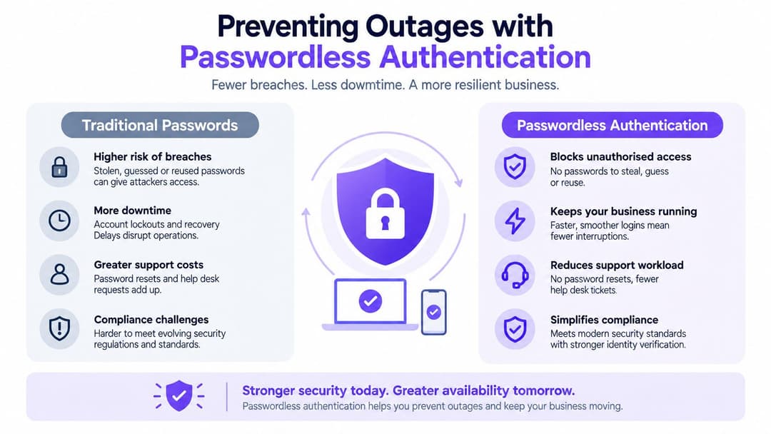 An infographic comparing the benefits of passwordless authentication over traditional passwords to prevent business downtime and security breaches.