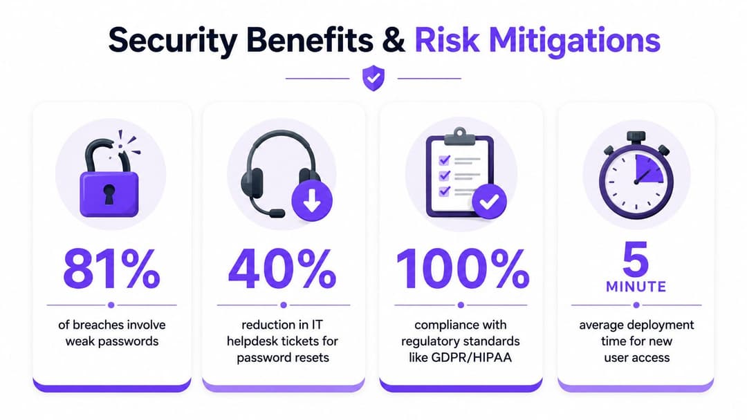 An infographic titled Security Benefits & Risk Mitigations showing four icons with statistics about cybersecurity improvements.