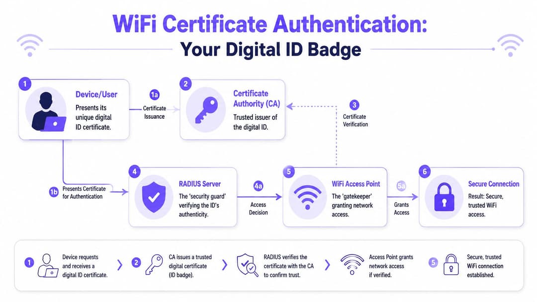 A diagram illustrating the workflow of a secure WiFi certificate authentication process from device to network.