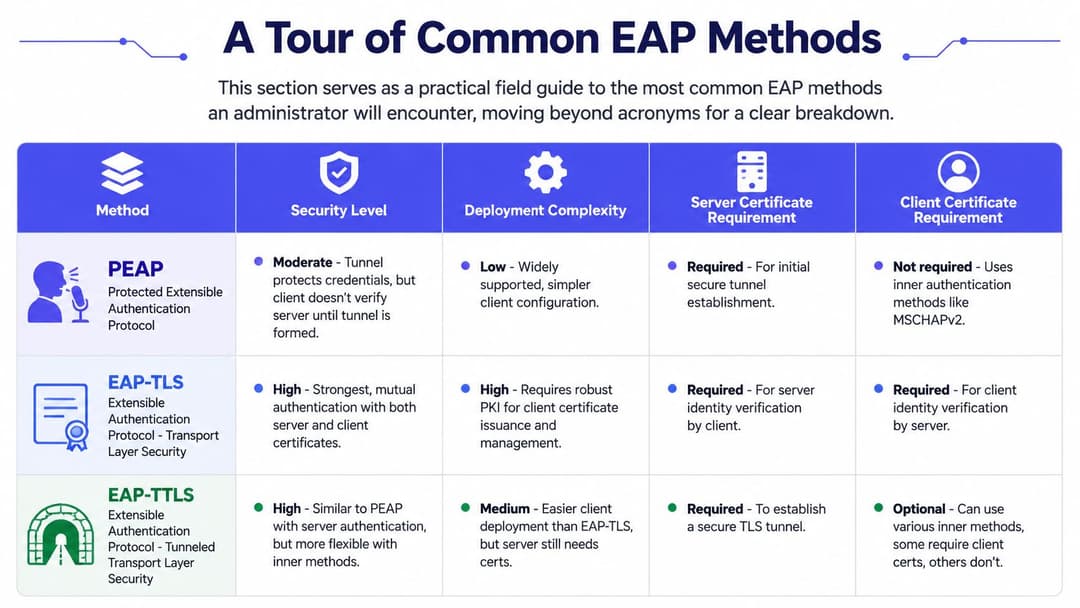 比較表列出了常見 EAP 網路驗證方法的主要安全特性、部署複雜度及憑證要求。