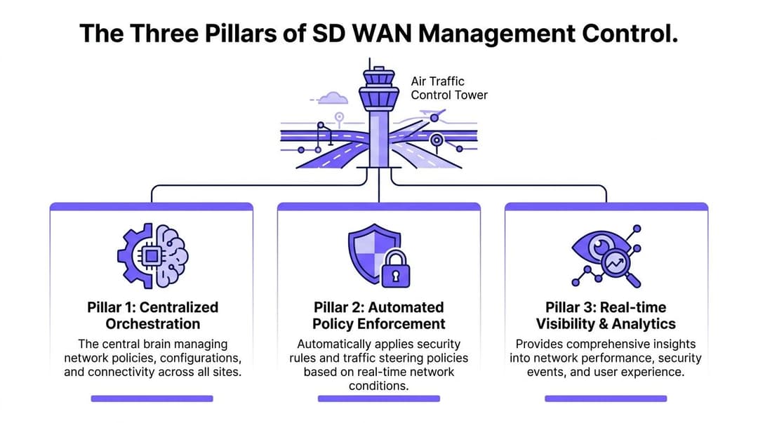 An infographic showing three pillars of SD WAN management: Centralized Orchestration, Automated Policy Enforcement, and Real-time Visibility.