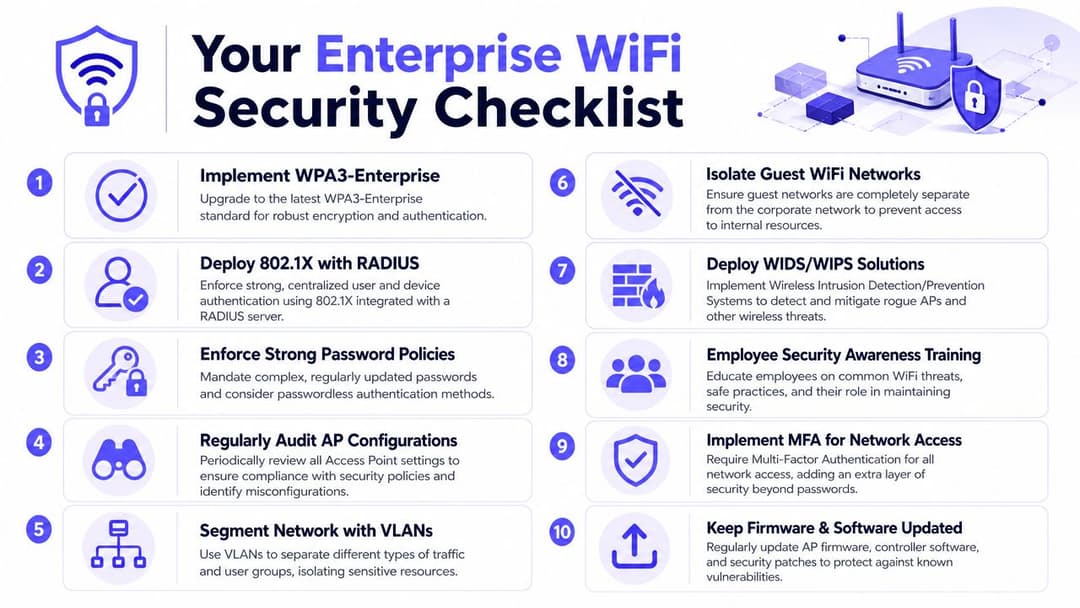 An infographic detailing ten essential steps for maintaining a secure enterprise WiFi network environment.