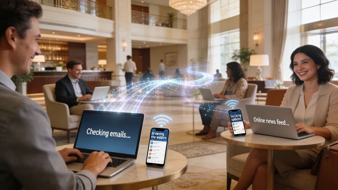 Professionals working on laptops and mobile devices in a modern hotel lobby, illustrating digital connectivity.