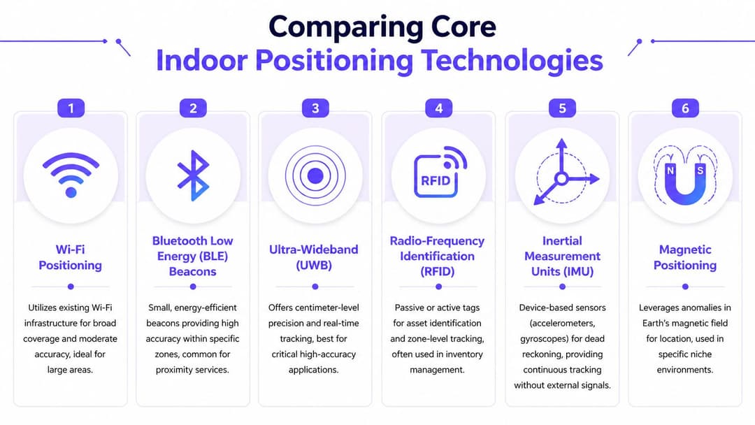 An infographic comparing six core indoor positioning technologies including Wi-Fi, Bluetooth, UWB, RFID, IMU, and magnetic positioning.