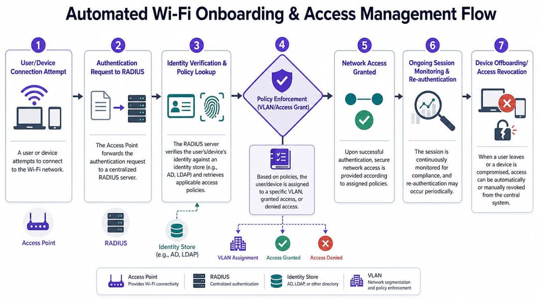 Un diagrama de flujo que muestra los siete pasos del onboarding automatizado de WiFi y la gestión del acceso seguro a la red.