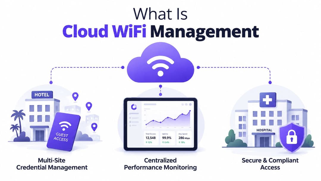 An infographic illustrating cloud WiFi management for hotels and hospitals with centralized performance monitoring and secure access.