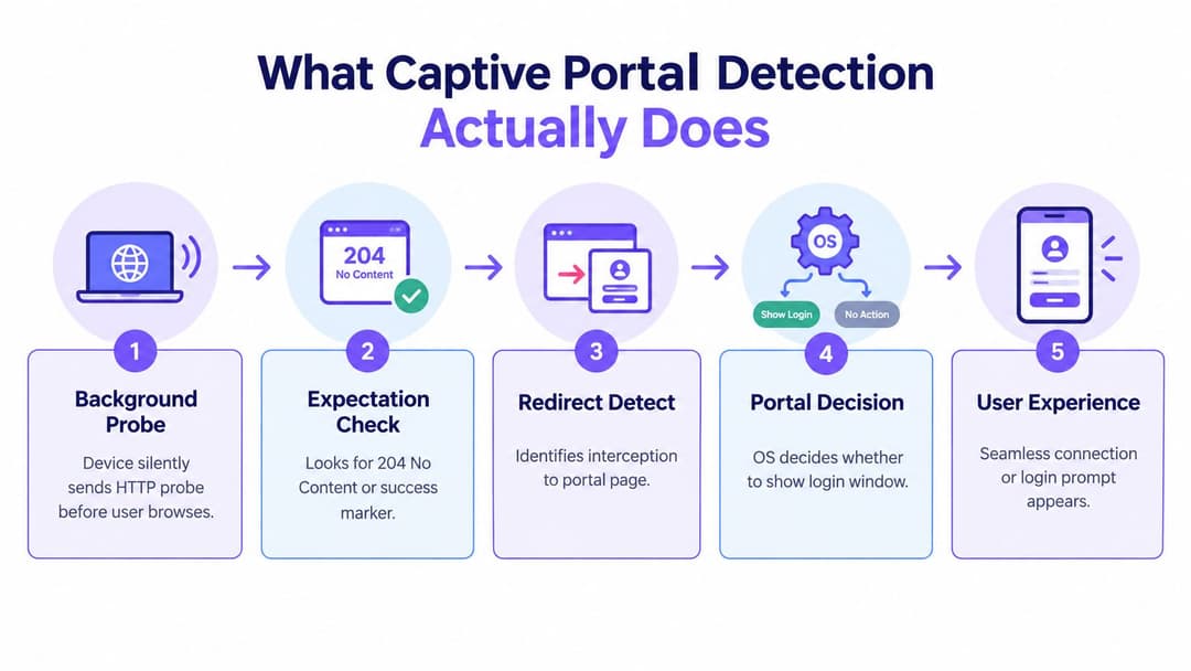 Eine fünfstufige Infografik, die zeigt, wie Geräte im Hintergrund HTTP-Untersuchungen durchführen, um Anmeldeseiten für Captive Portal-Netzwerke zu erkennen.