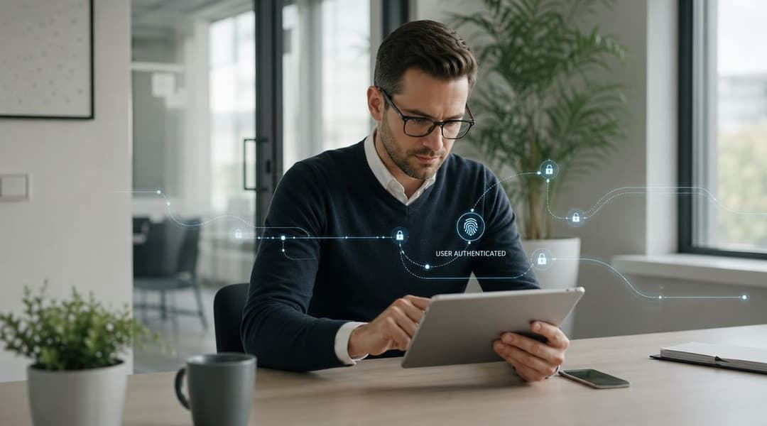 Um profissional a utilizar um tablet com ícones digitais de autenticação de segurança num ambiente de escritório moderno.