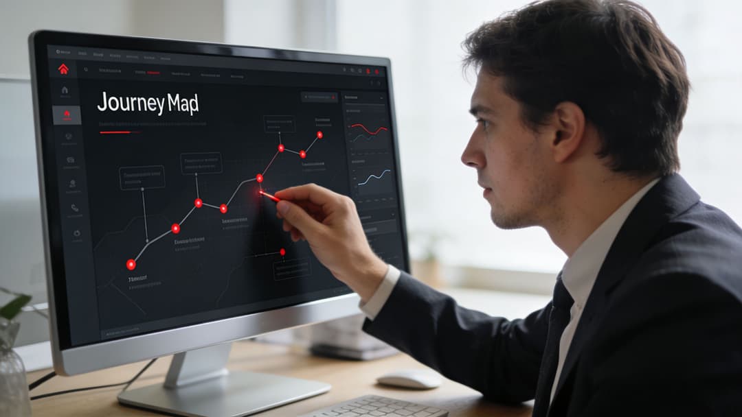 A professional man in a suit analyzes a digital customer journey map on his computer monitor.