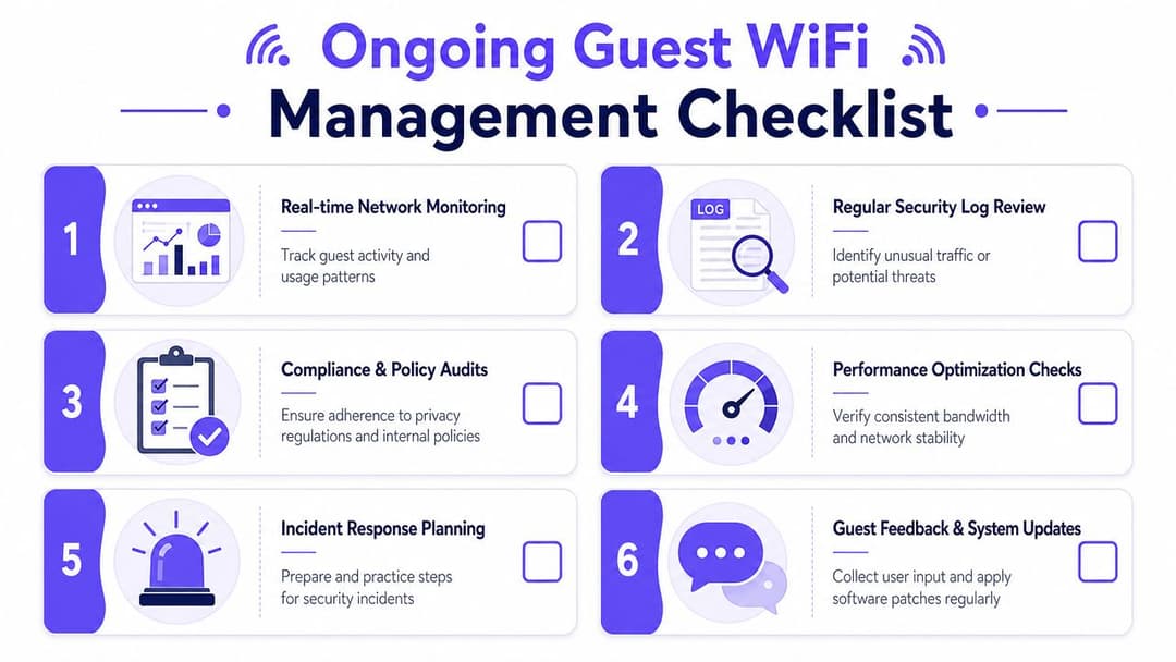 Una infografía de lista de verificación de seis pasos para gestionar redes WiFi de invitados en curso, que incluye monitorización, revisiones de seguridad y actualizaciones.