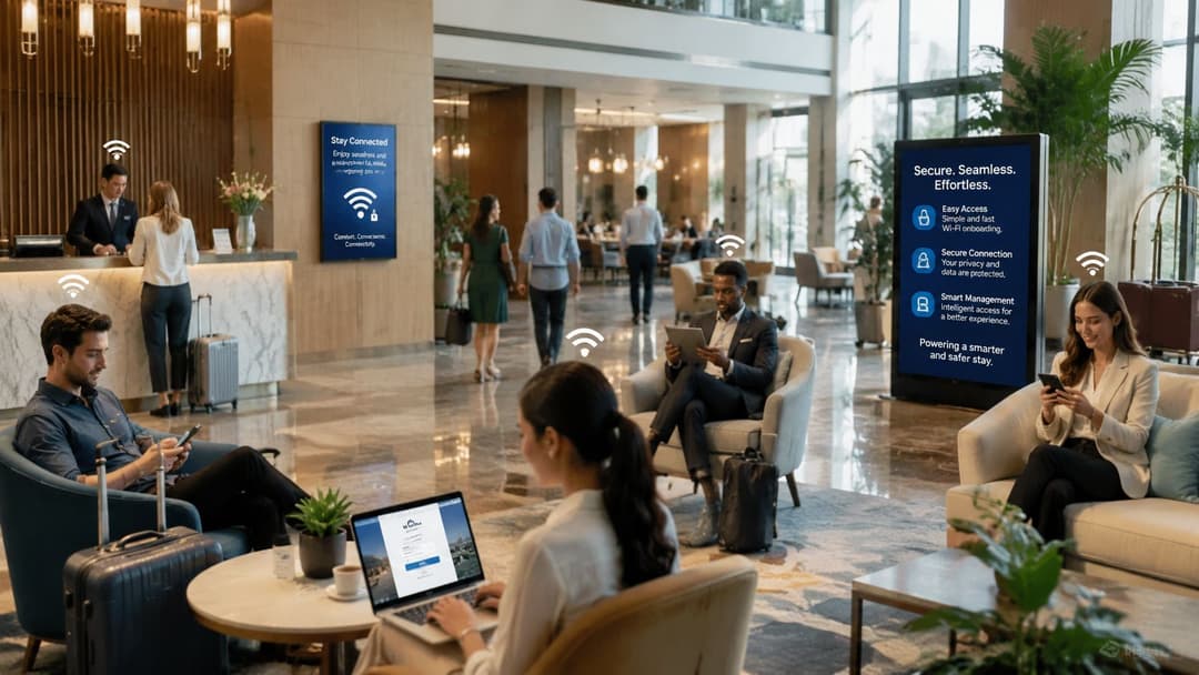 A modern hotel lobby where guests use mobile devices and laptops with visible WiFi connection icons.