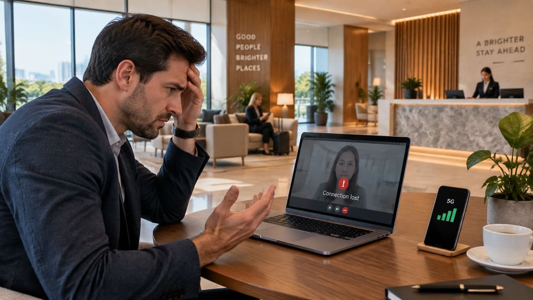 A frustrated businessman sitting in a hotel lobby experiencing a failed video call on his laptop.