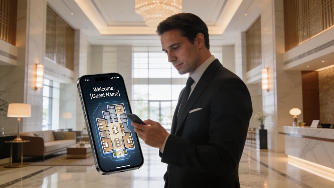 Un uomo professionista in abito formale guarda uno smartphone che mostra la mappa digitale del piano di un hotel.