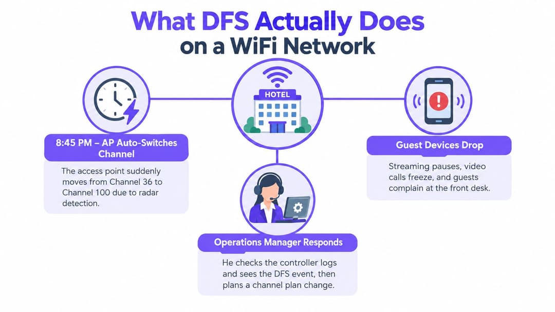 A diagram illustrating how radar interference triggers DFS channel switching, causing network connectivity issues in a hotel.