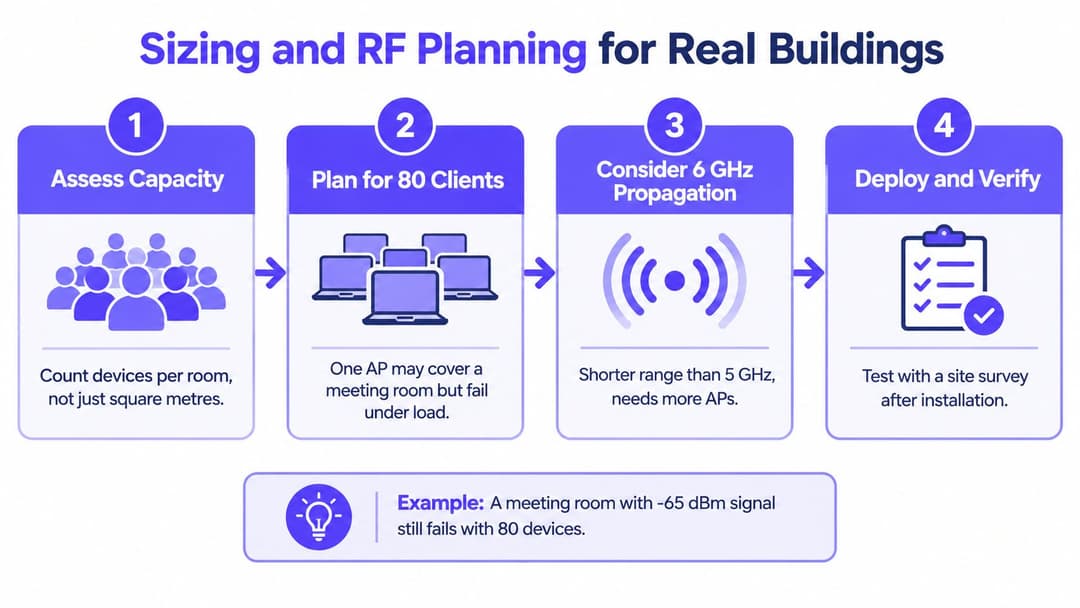 A four-step infographic illustrating the process of sizing and RF planning for business wireless access points in buildings.