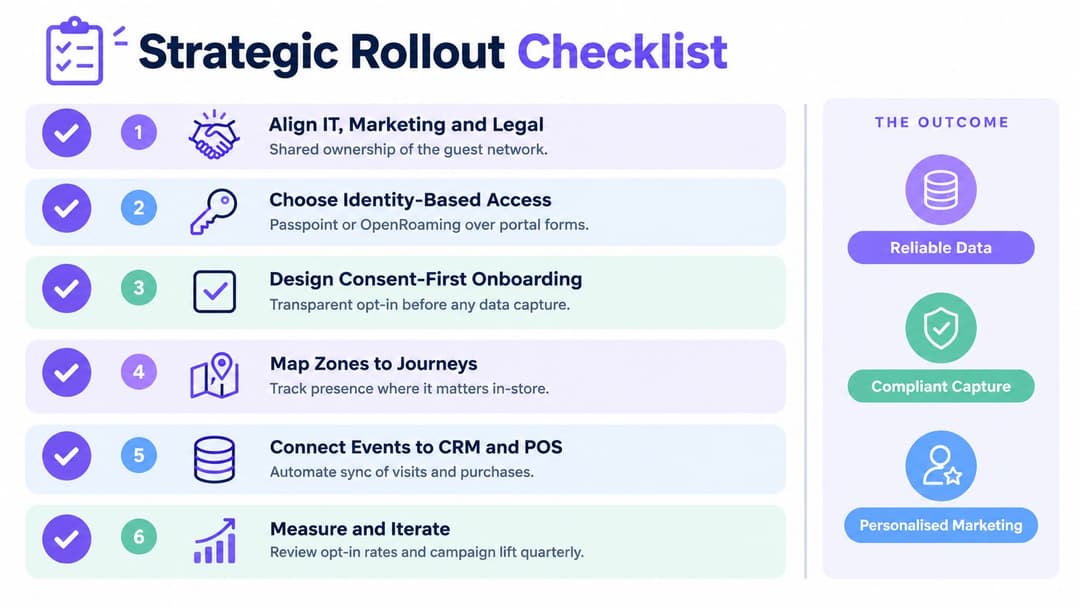 A six-step strategic rollout checklist for implementing retail guest WiFi systems and marketing data collection.