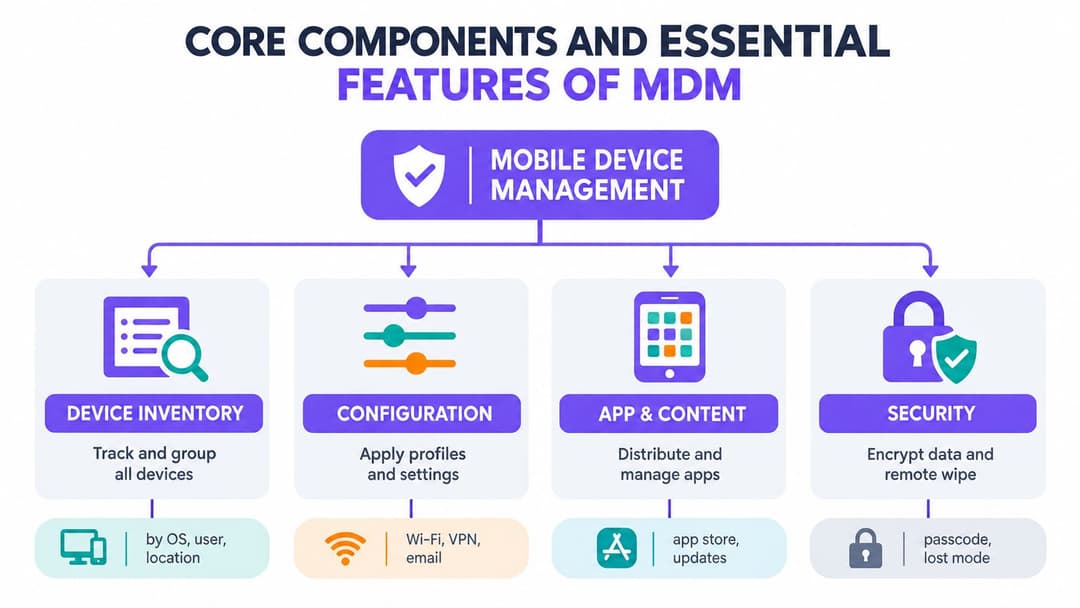 Un diagramma che illustra i quattro componenti principali e le funzionalità essenziali di un sistema software di gestione dei dispositivi mobili.
