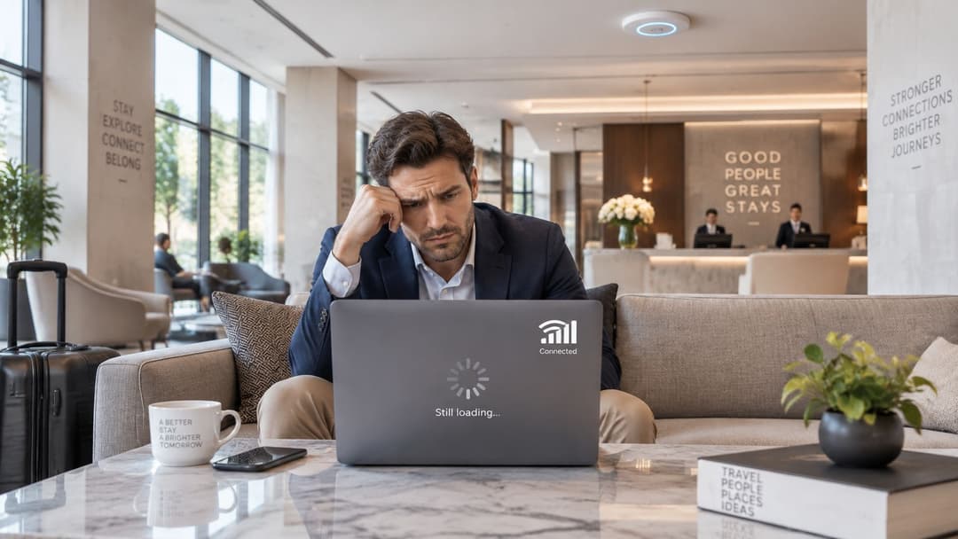 A frustrated businessman sits in a hotel lobby looking at a laptop showing a loading icon.