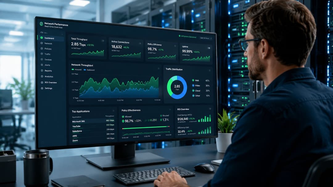Un ingénieur informatique professionnel surveille les performances réseau complexes et les données de bande passante sur un grand écran d'ordinateur.