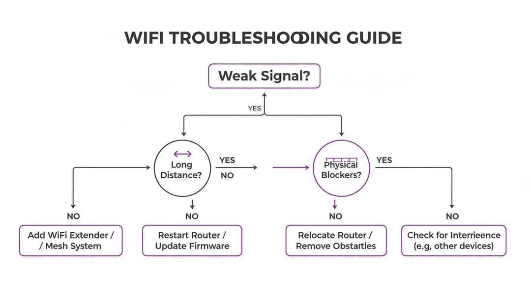 Un organigramme de dépannage WiFi guidant les utilisateurs dans le diagnostic et la résolution des problèmes de signal faible.