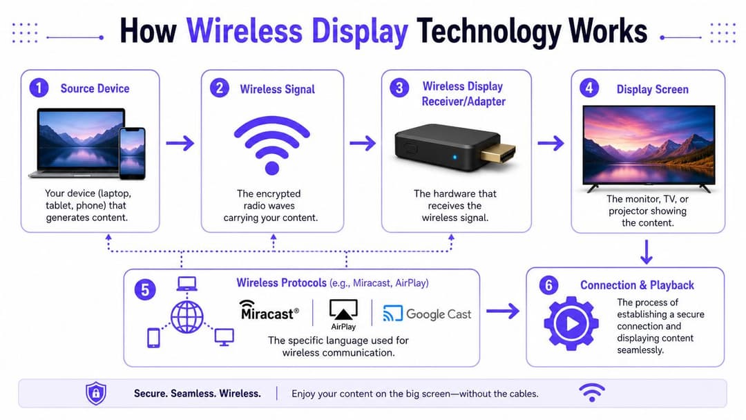 An infographic diagram explaining how wireless display technology works from source device to screen playback.