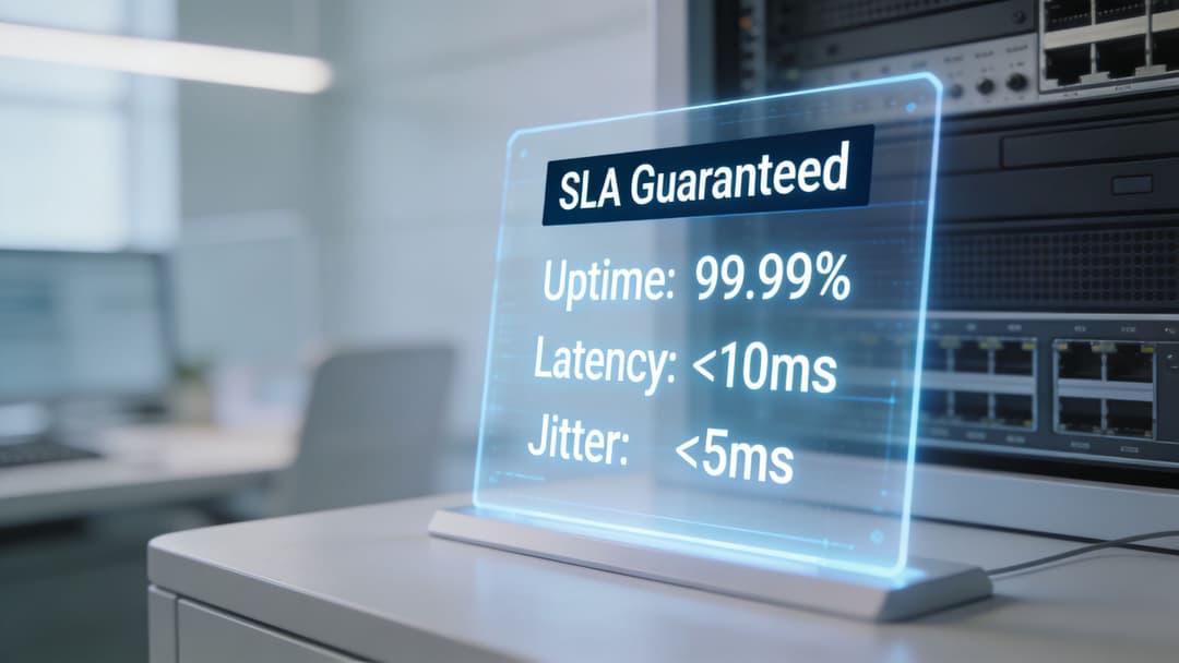 A holographic display on a desk showing SLA guarantees for uptime, latency, and jitter performance metrics.