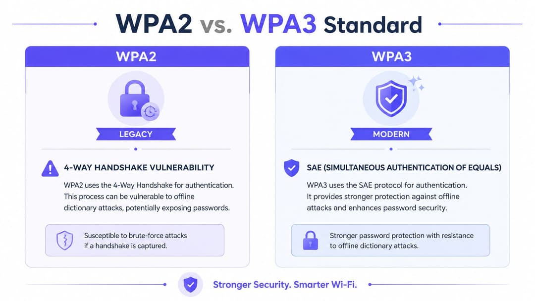 Um infográfico de comparação entre a segurança legada WPA2 e a segurança moderna WPA3 para protocolos de autenticação de rede sem fio.