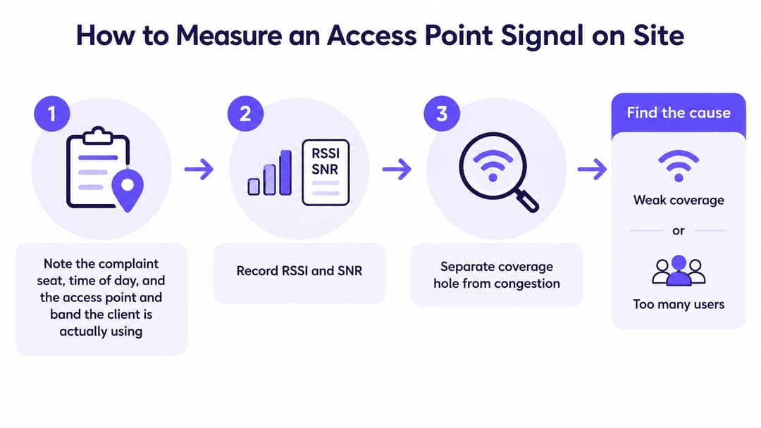 A three-step infographic explaining the process of troubleshooting and measuring a wireless access point signal on site.