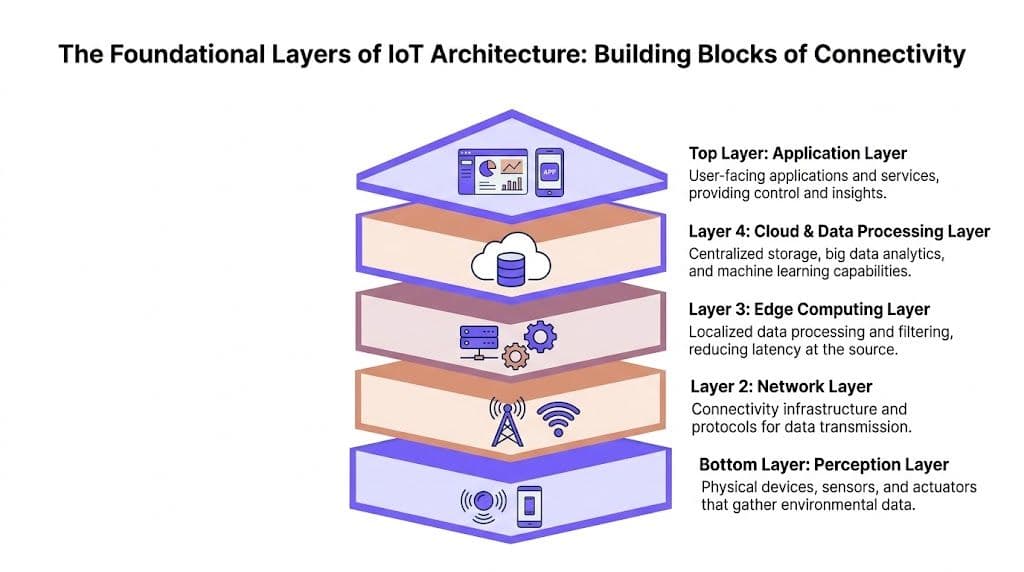 A diagram illustrating the five foundational layers of IoT architecture from the perception layer to the application layer.