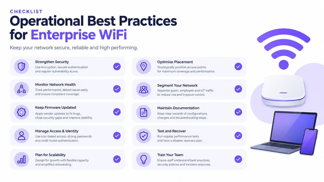 सुरक्षित आणि उच्च कार्यक्षमता असलेले एंटरप्राइझ WiFi नेटवर्क राखण्यासाठी दहा आवश्यक कार्यपद्धती तपशीलवार सांगणारे चेकलिस्ट इन्फोग्राफिक.