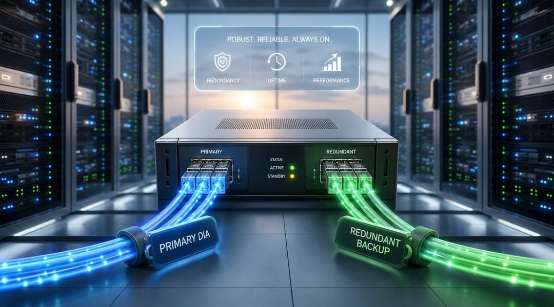 Un'apparecchiatura in un rack server che mostra un accesso internet dedicato primario con una connessione di backup secondaria ridondante in un datacenter.